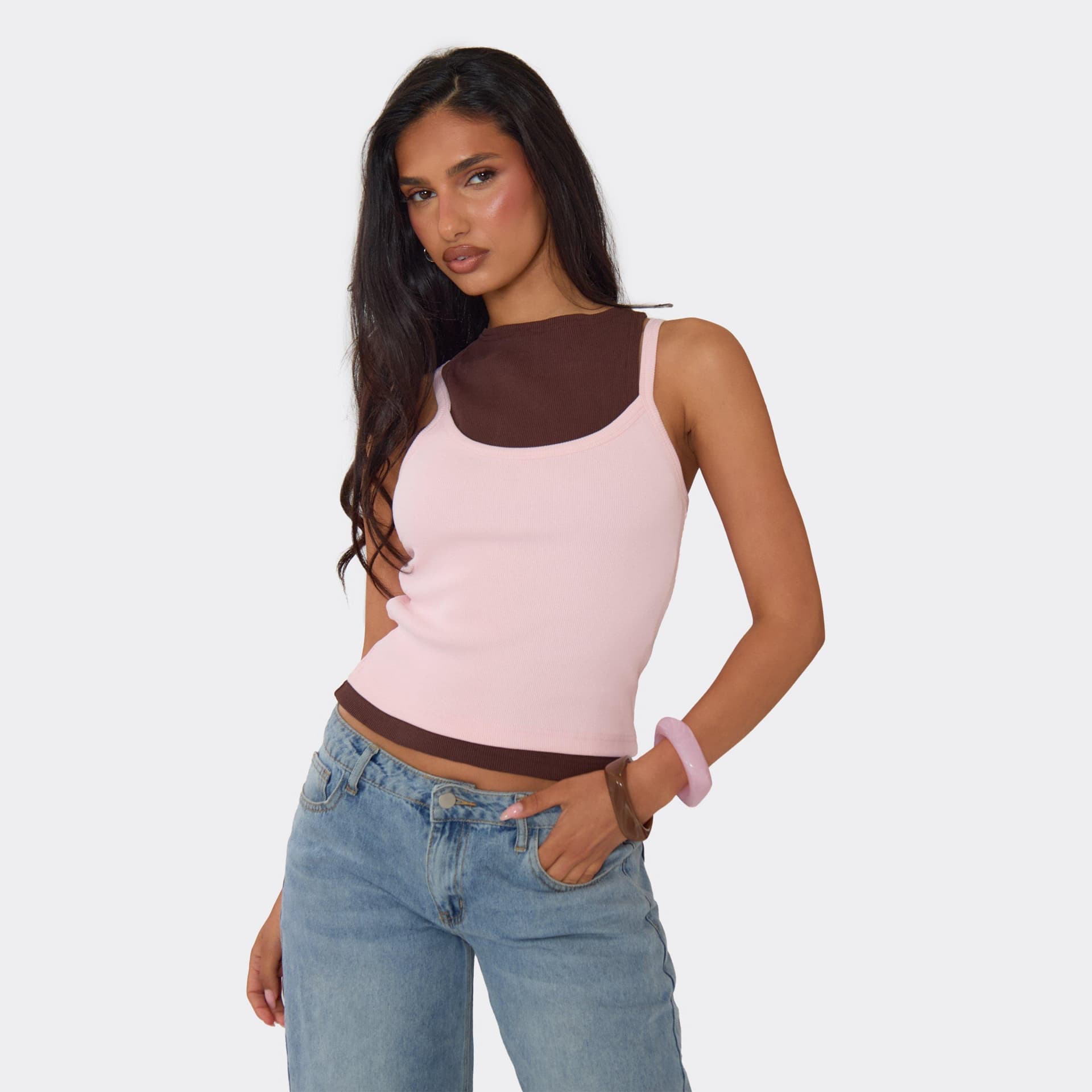 EGO Double Layered Ribbed Strappy Top In Pink And Brown, Women's Size UK 6