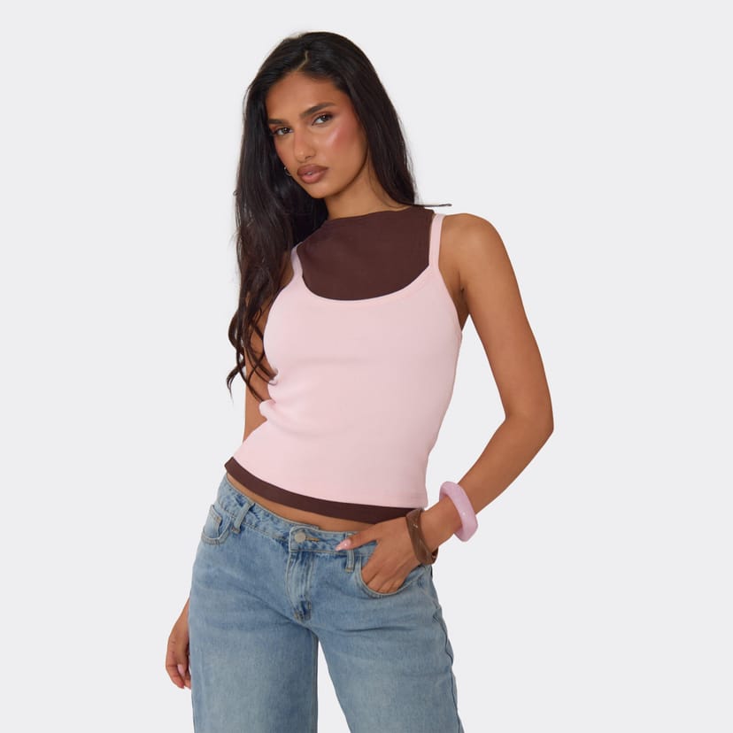 EGO Double Layered Ribbed Strappy Top In Pink And Brown, Women's Size UK 6 - 1