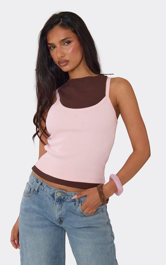 EGO Double Layered Ribbed Strappy Top In Pink And Brown, Women's Size UK 6 - 2