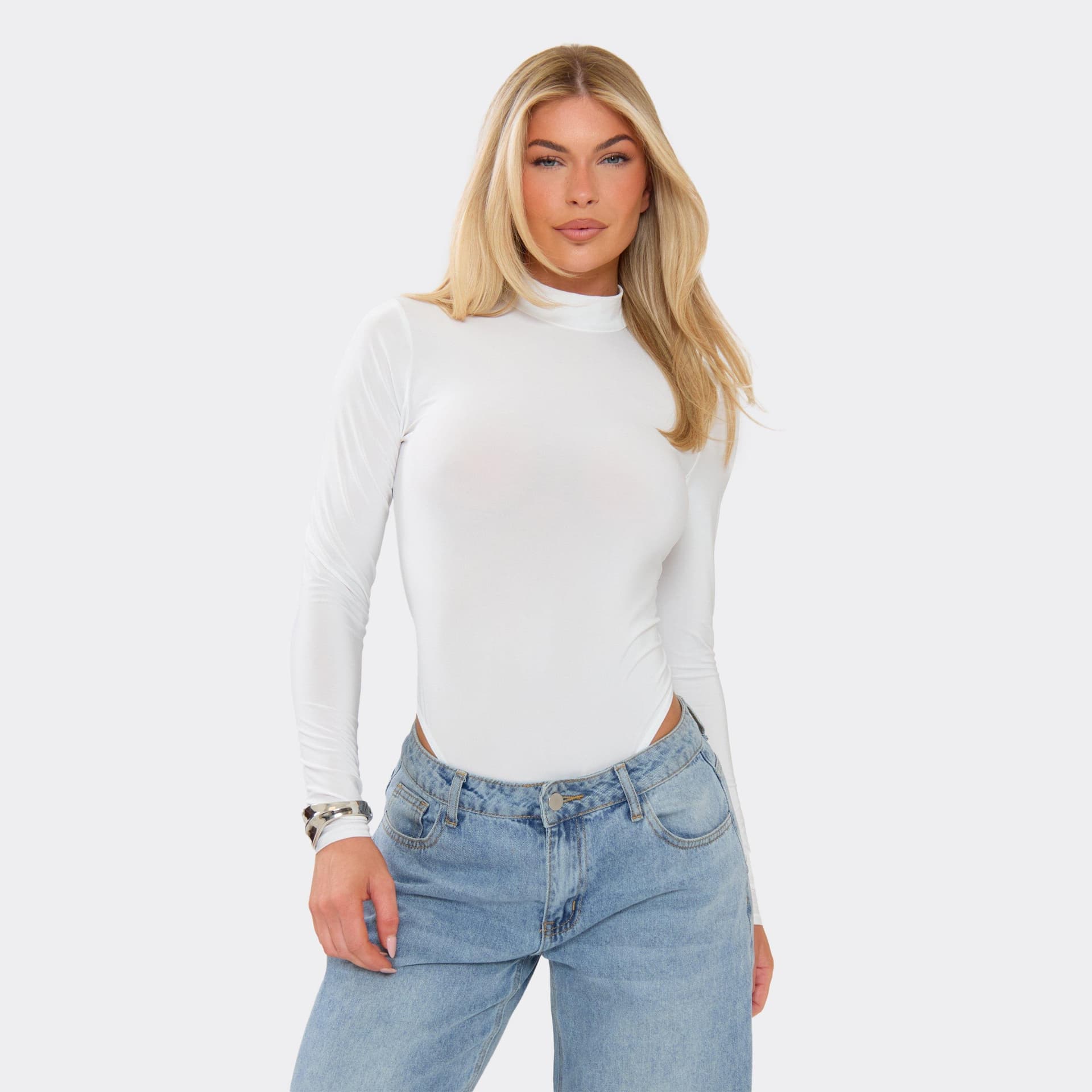 EGO Long Sleeve Sheer High Neck Bodysuit In White, Women's Size UK 6