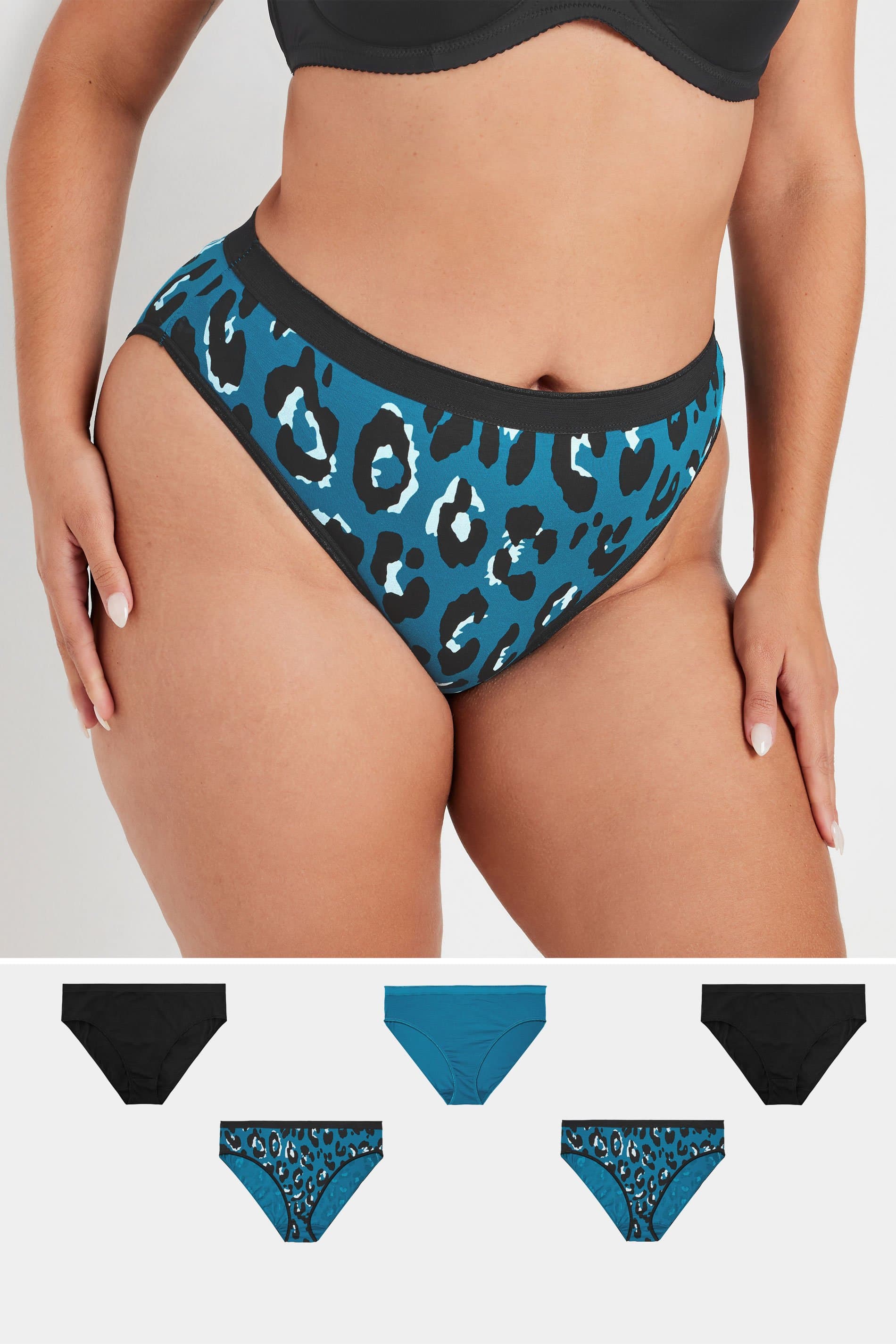 Yours 5 Pack Plus Size Blue Leopard Print High Leg Knickers