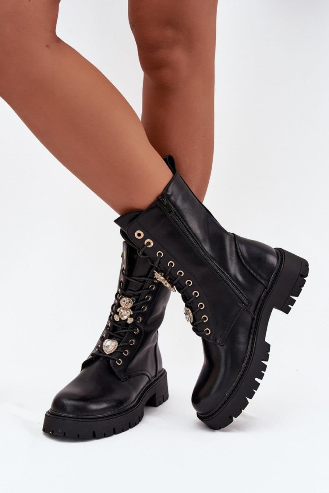 Love Lace Love Lace Women's Ankle Lace Up Boots with Zipper Fleece Lining Bear Heart Pins in Black