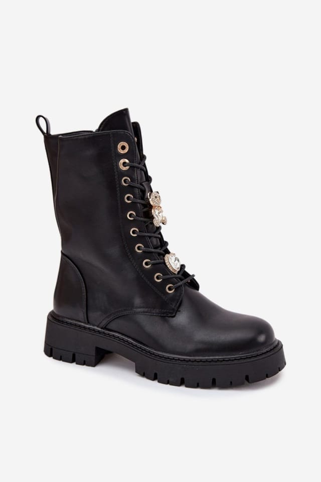 Love Lace Love Lace Women's Ankle Lace Up Boots with Zipper Fleece Lining Bear Heart Pins in Black - 2