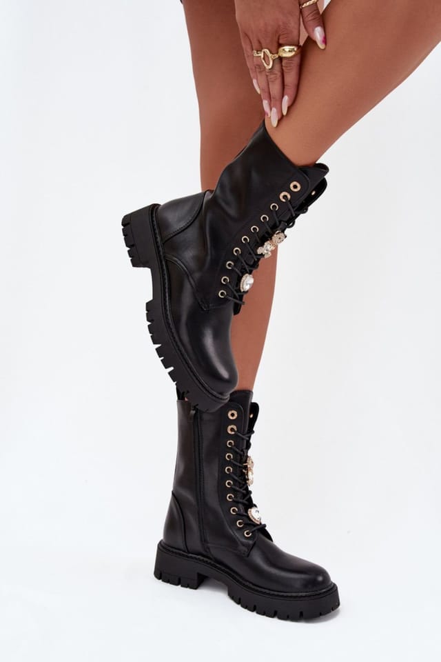 Love Lace Love Lace Women's Ankle Lace Up Boots with Zipper Fleece Lining Bear Heart Pins in Black - 3