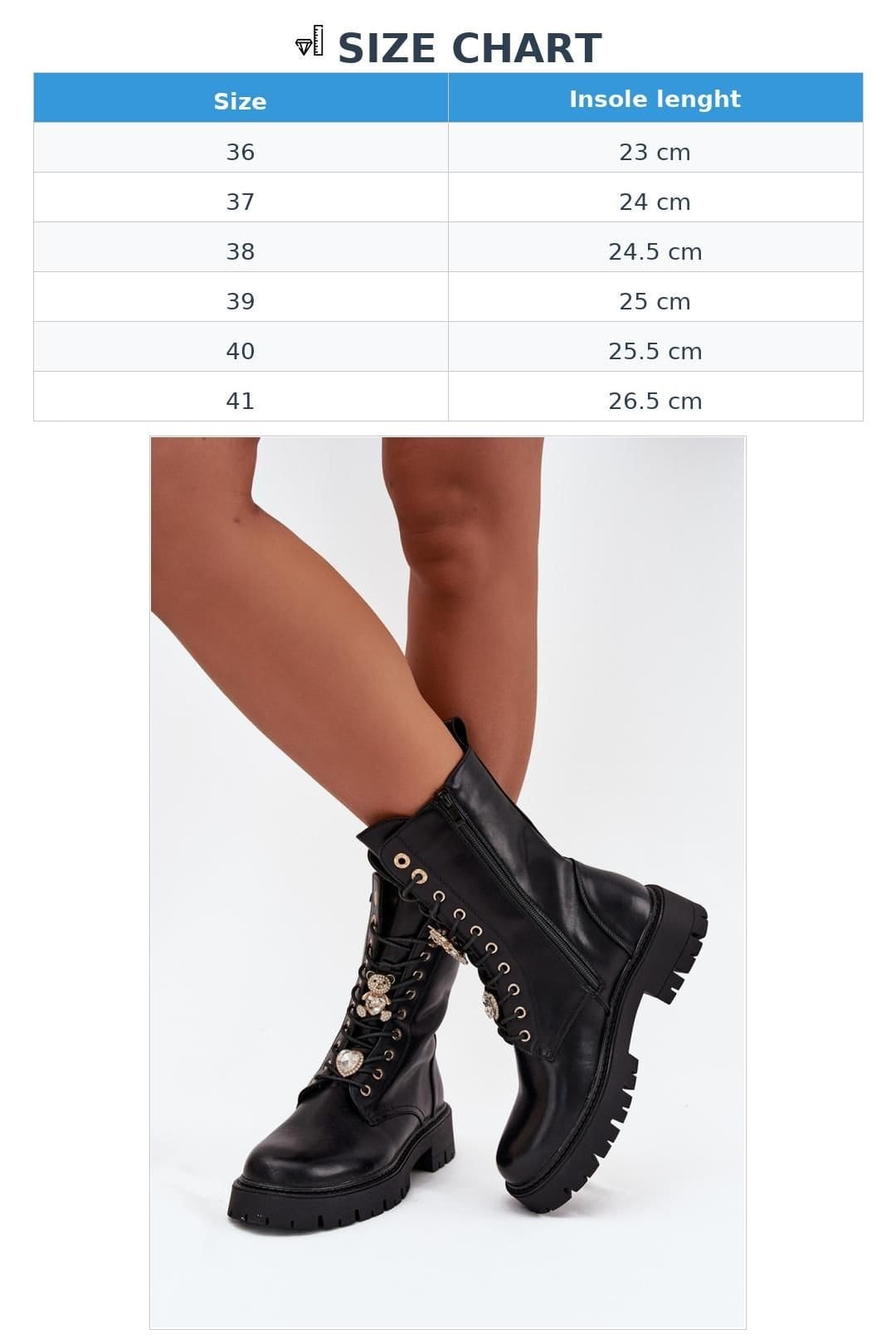 Love Lace Love Lace Women's Ankle Lace Up Boots with Zipper Fleece Lining Bear Heart Pins in Black - 4
