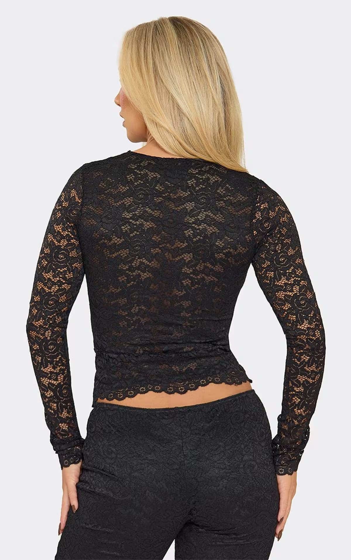EGO Long Sleeve Scallop Hem Keyhole Cut Out Top In Black Lace, Women's Size UK 6