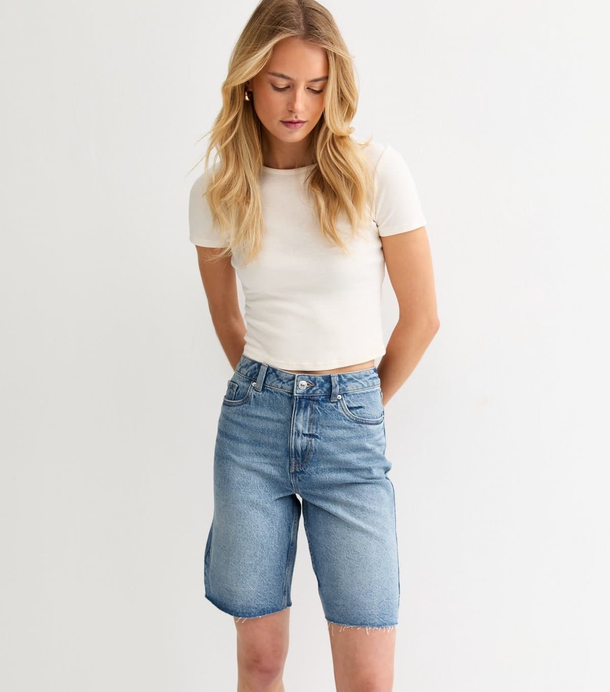 New Look Women's Tall Blue Raw Edge Denim Bermuda Shorts New Look
