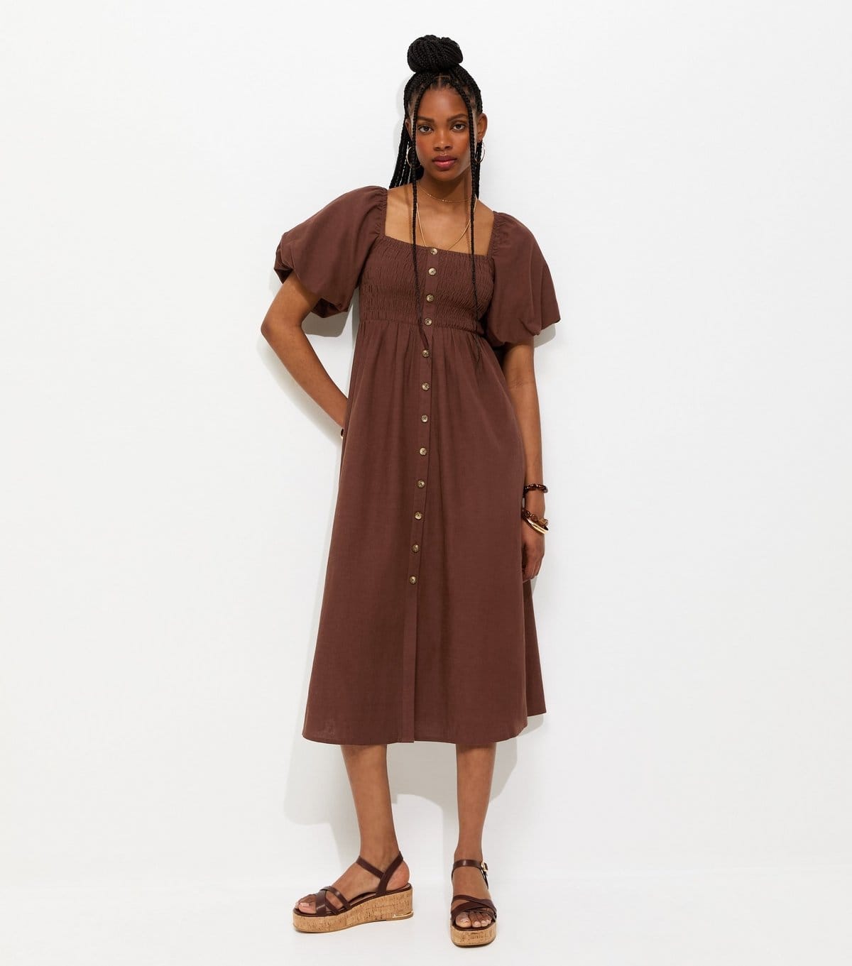 New Look Brown Faux Button Milkmaid Midi Dress