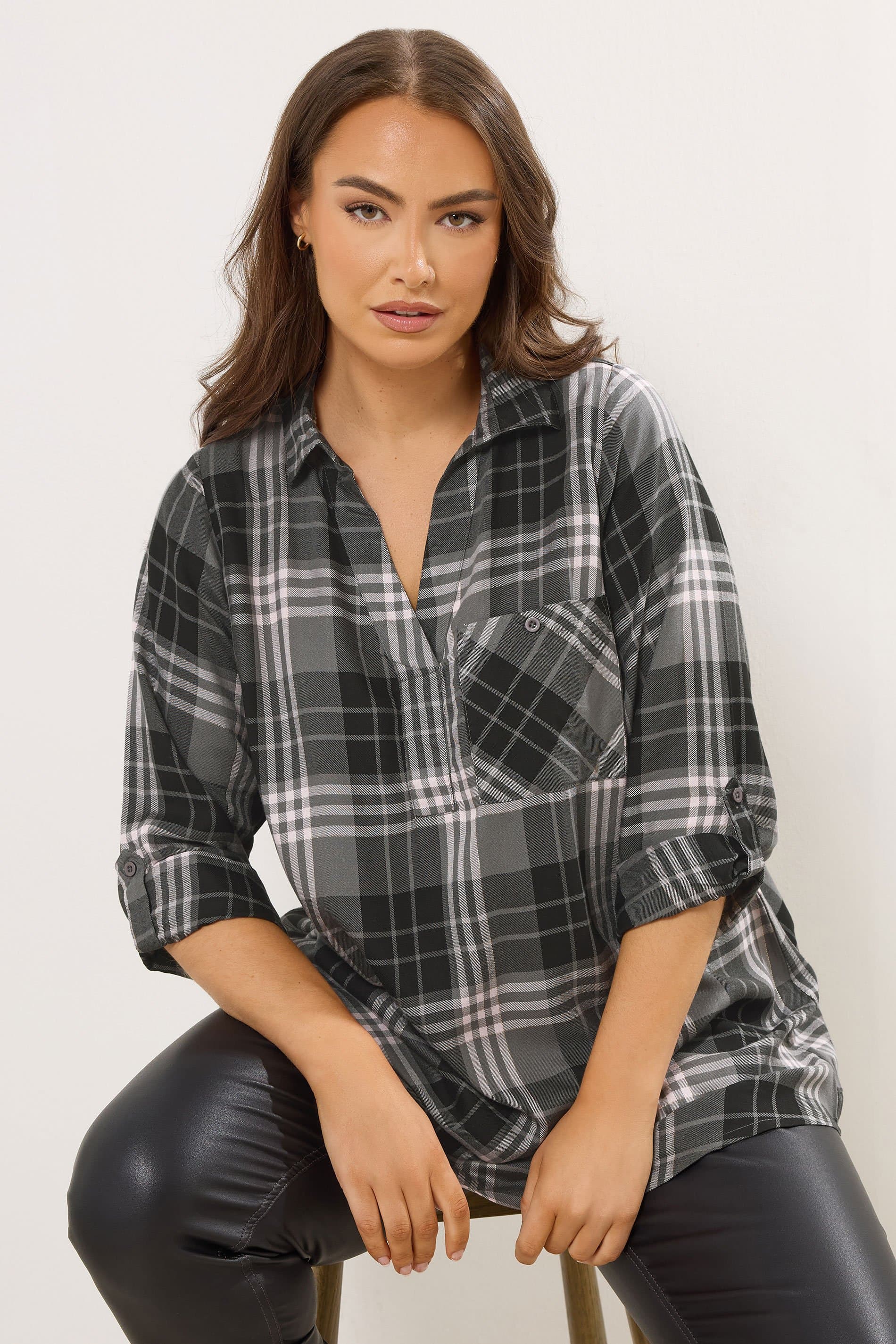 Yours Plus Size Grey Check Print Boyfriend Shirt