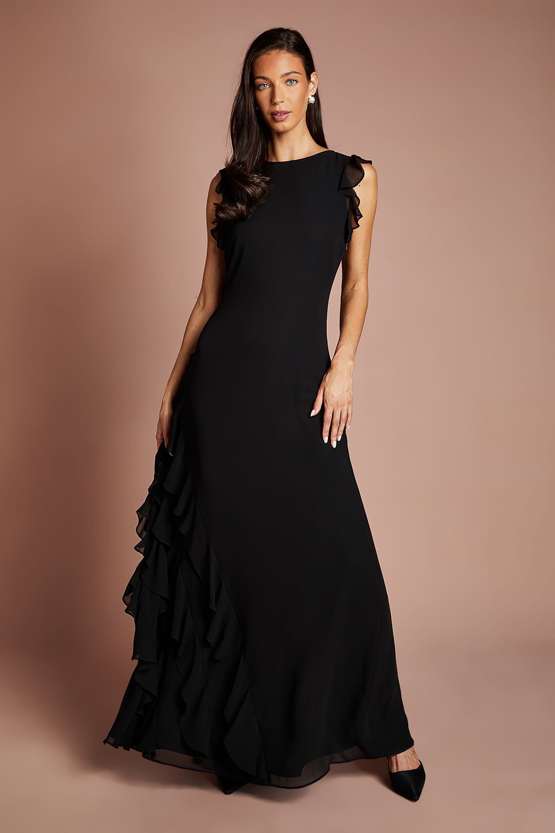 Coast Coast Women's Honoured Ruffle Georgette Maxi Bridesmaid Dress in Black