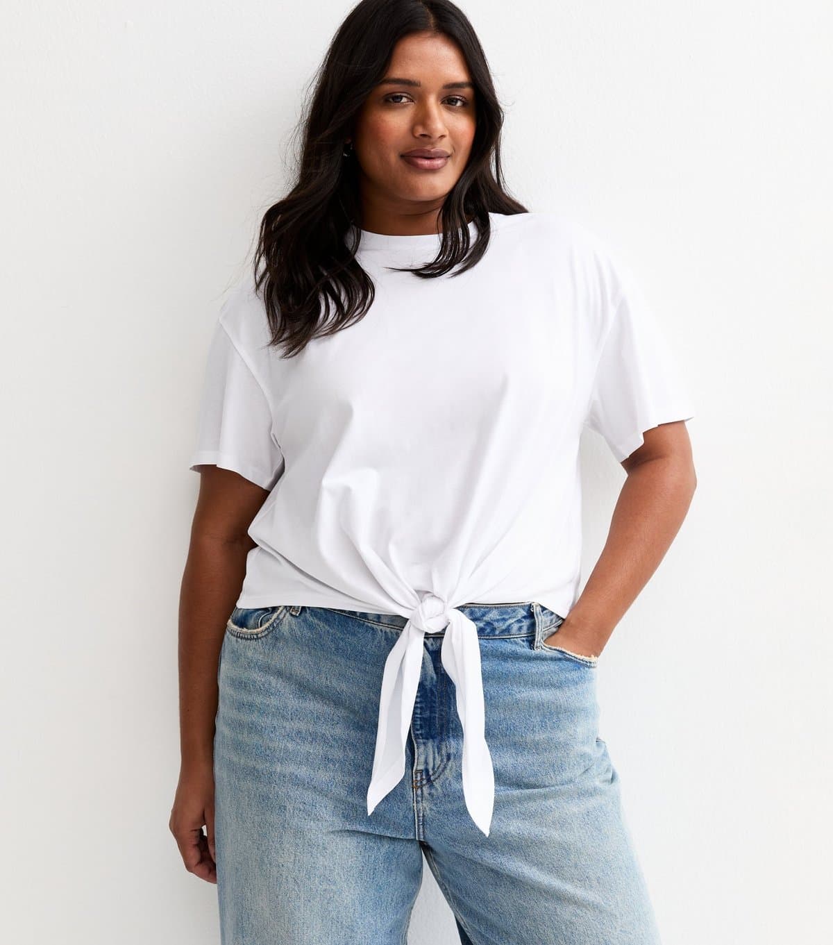 New Look Women's Plus Size White Tie Front T-Shirt Curves New Look
