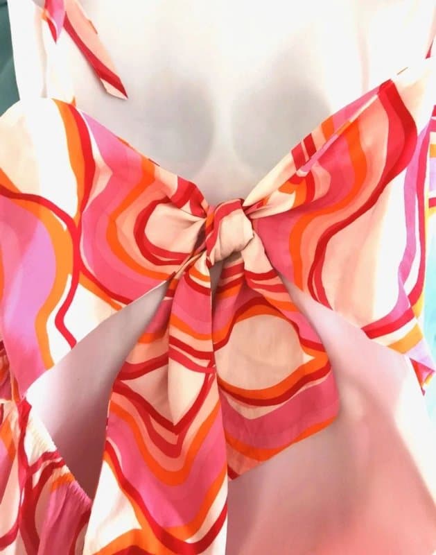 F&F Pink Orange Geo Print Dress Size 18 Open Back Tie Straps Stretch Bust Summer Dress