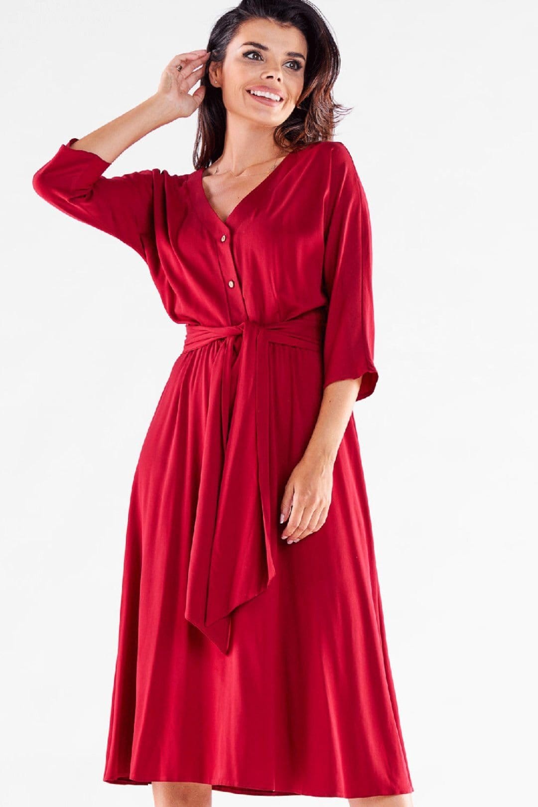 Love Lace Red Satin Midi Dress with Trapezoid Hem and Belt