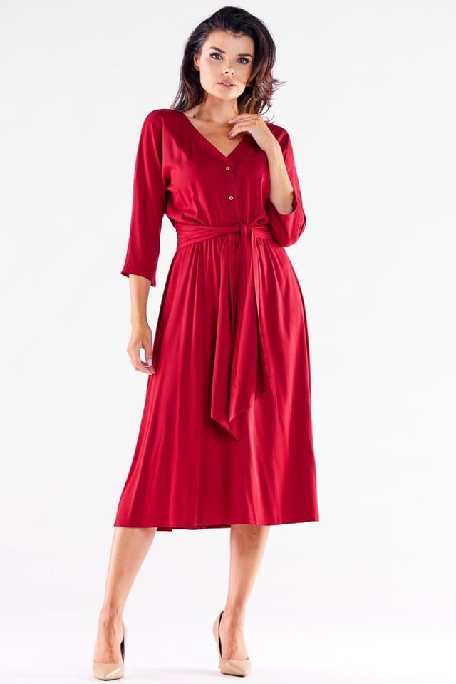 Love Lace Love Lace Women's Buttoned Trapezoid Hem Midi Dress with Belt in Red - 2