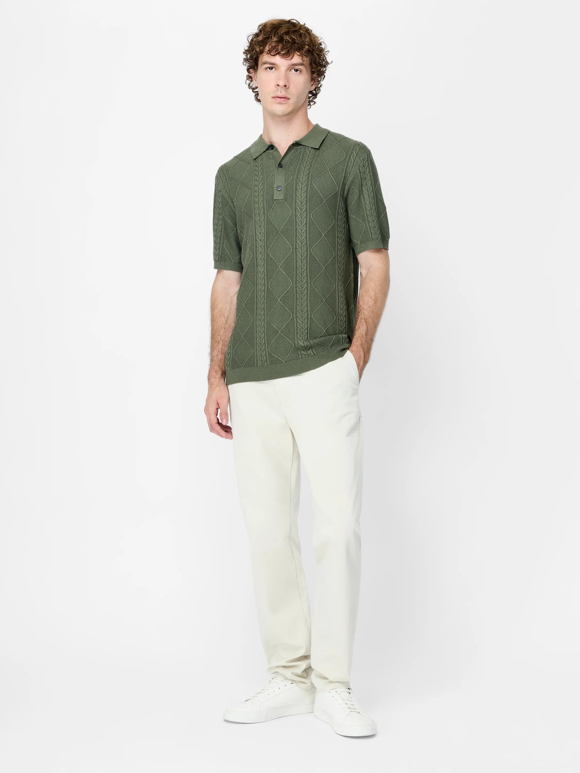 French Connection Green Harlequin Knit Short Sleeve Polo Shirt Beetle Green