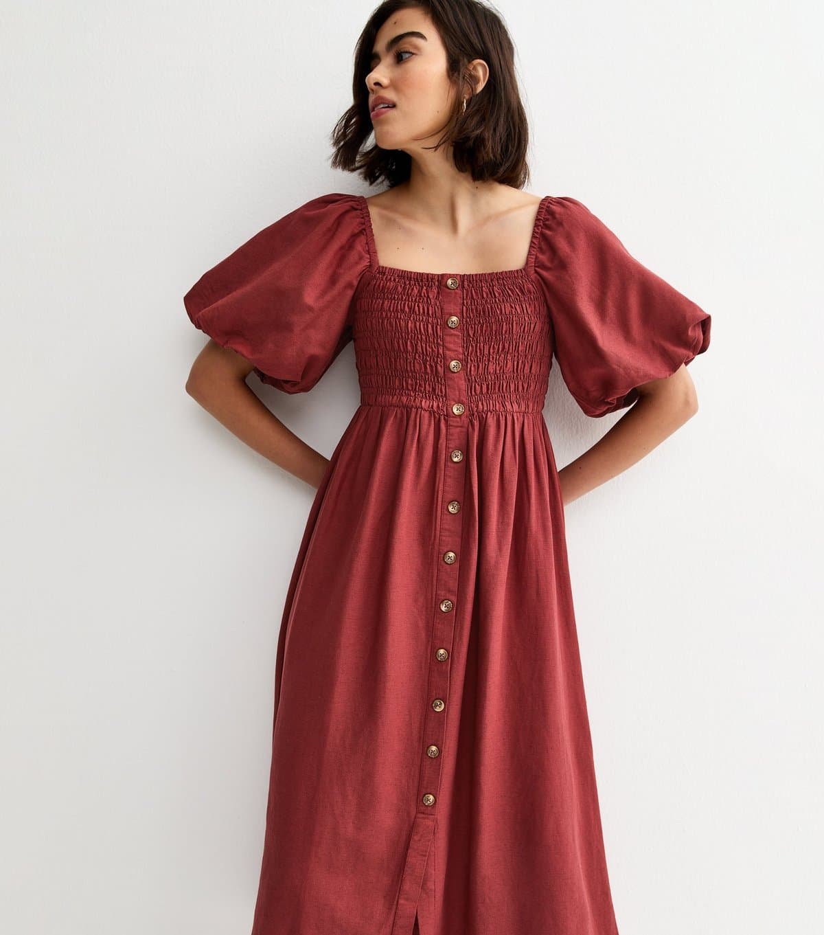 New Look Women's Dark Red Faux Button Milkmaid Midi Dress New Look