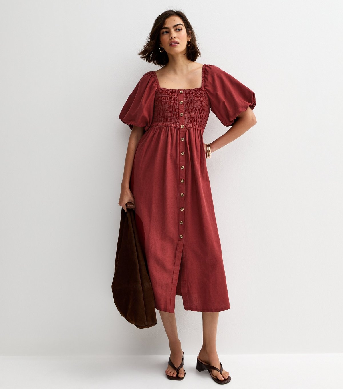 New Look Women's Dark Red Faux Button Milkmaid Midi Dress New Look - 2