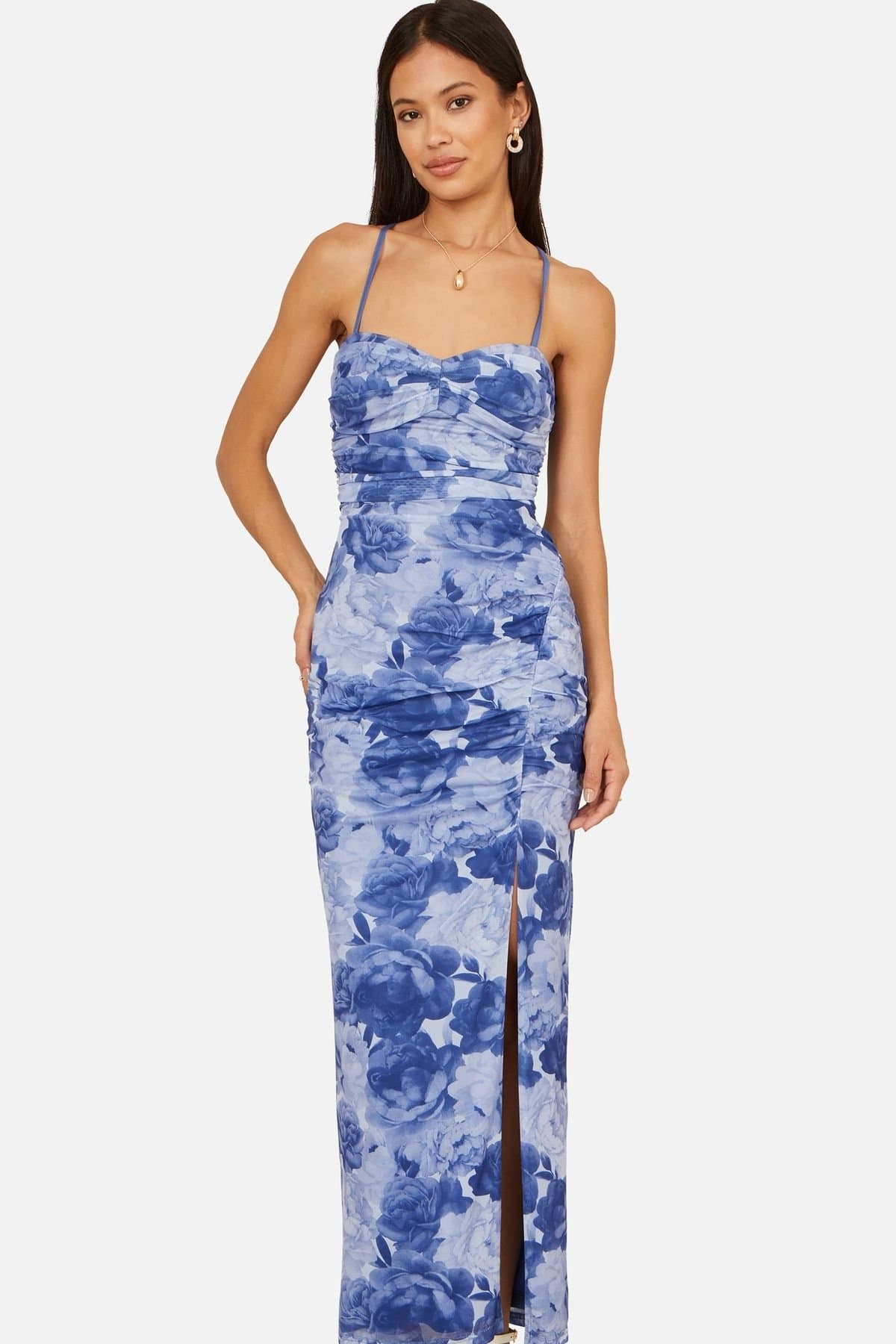 Yumi Yumi Women's Blue Mesh Ruched Dress With Front Split in Mid Blue