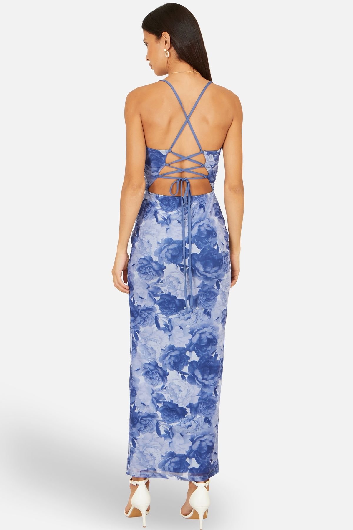 Yumi Yumi Women's Blue Mesh Ruched Dress With Front Split in Mid Blue - 3