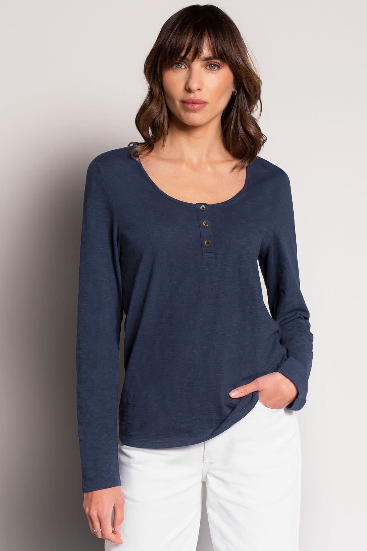 Celtic & Co Celtic & Co Women's Slub Jersey Scoop Neck Henley Top in Mid Navy
