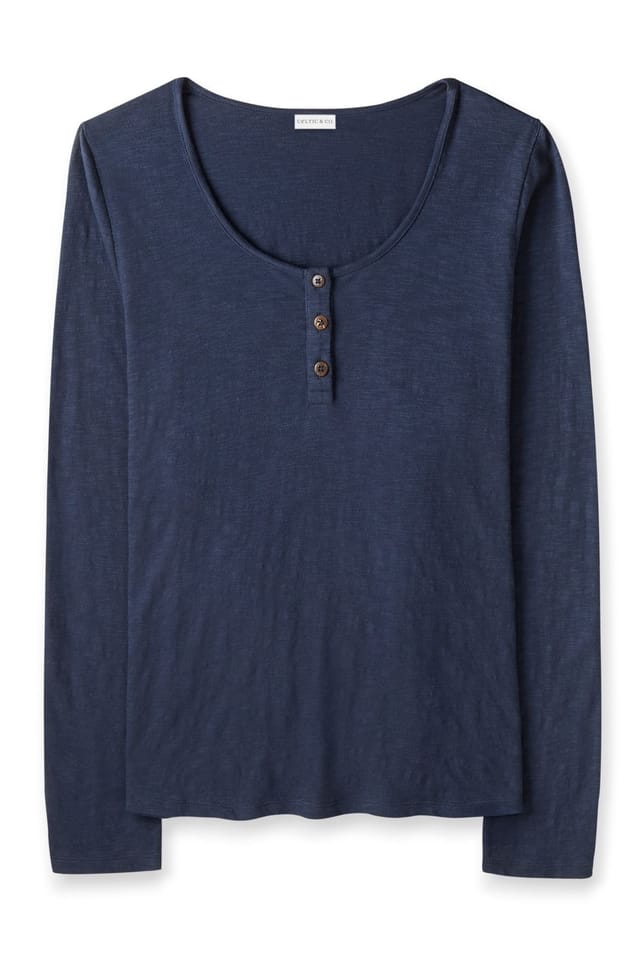 Celtic & Co Celtic & Co Women's Slub Jersey Scoop Neck Henley Top in Mid Navy - 2