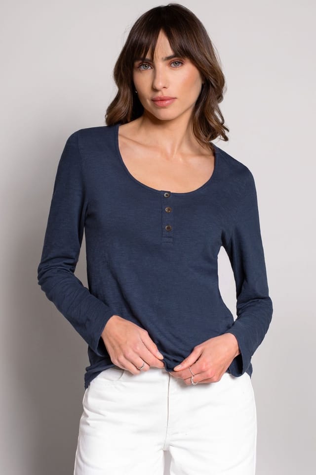 Celtic & Co Celtic & Co Women's Slub Jersey Scoop Neck Henley Top in Mid Navy - 3