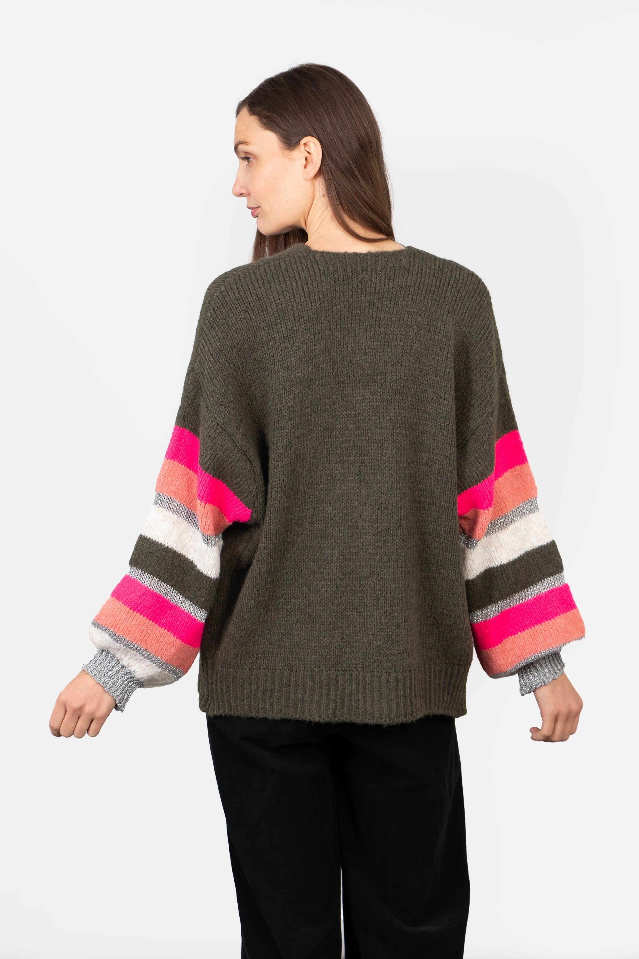 Sarta Sarta Women's April Striped Sleeve Knitted Cardigan - Khaki/Pink, Colourblock in Khaki - 2