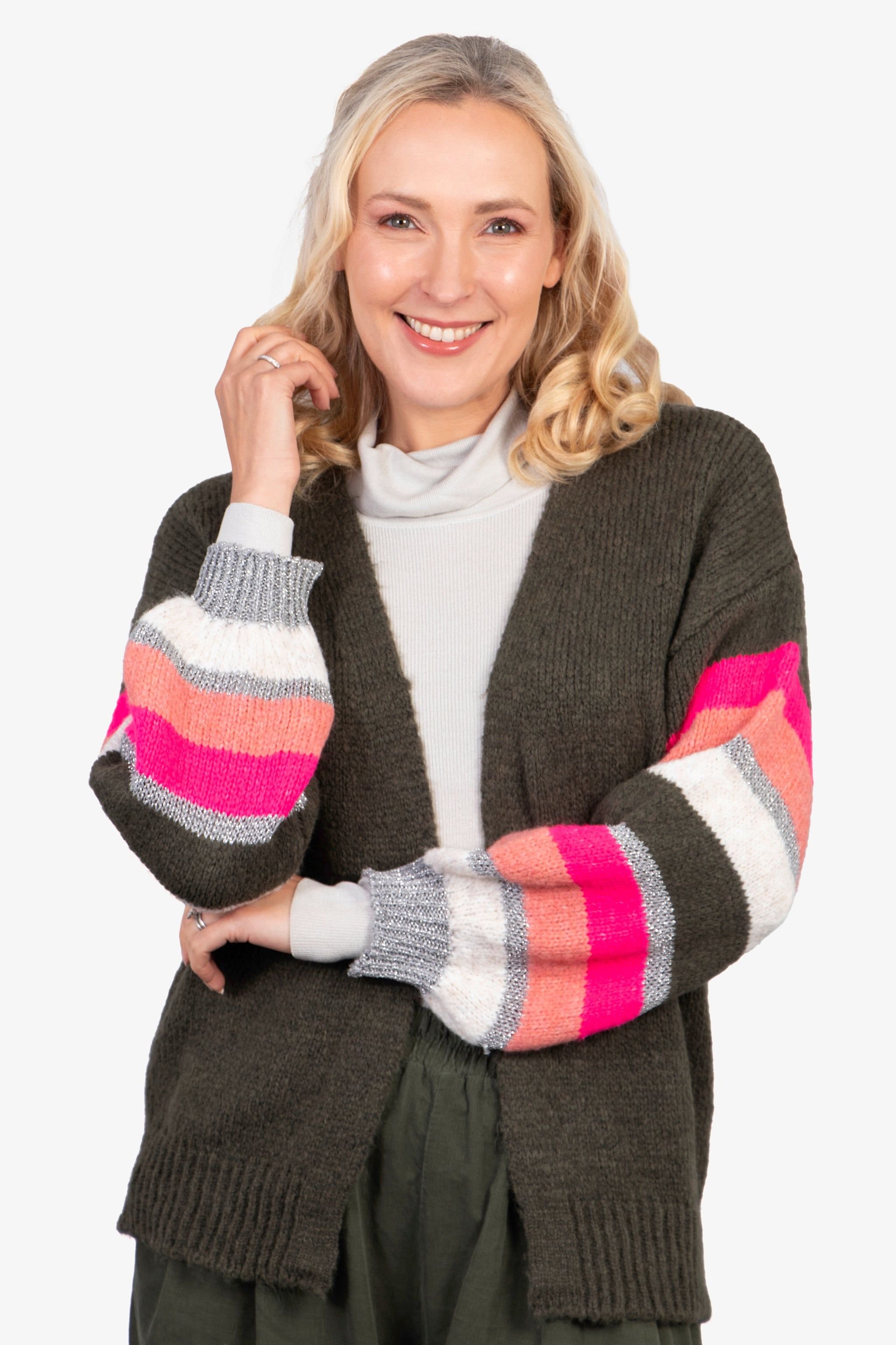 Sarta Sarta Women's April Striped Sleeve Knitted Cardigan - Khaki/Pink, Colourblock in Khaki - 3