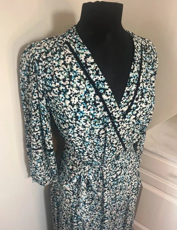 Marks & Spencer M&S Marks & Spencer Black White Blue Floral Long Sleeve Wrap Tie Floaty Maxi Midi Dress Size 8