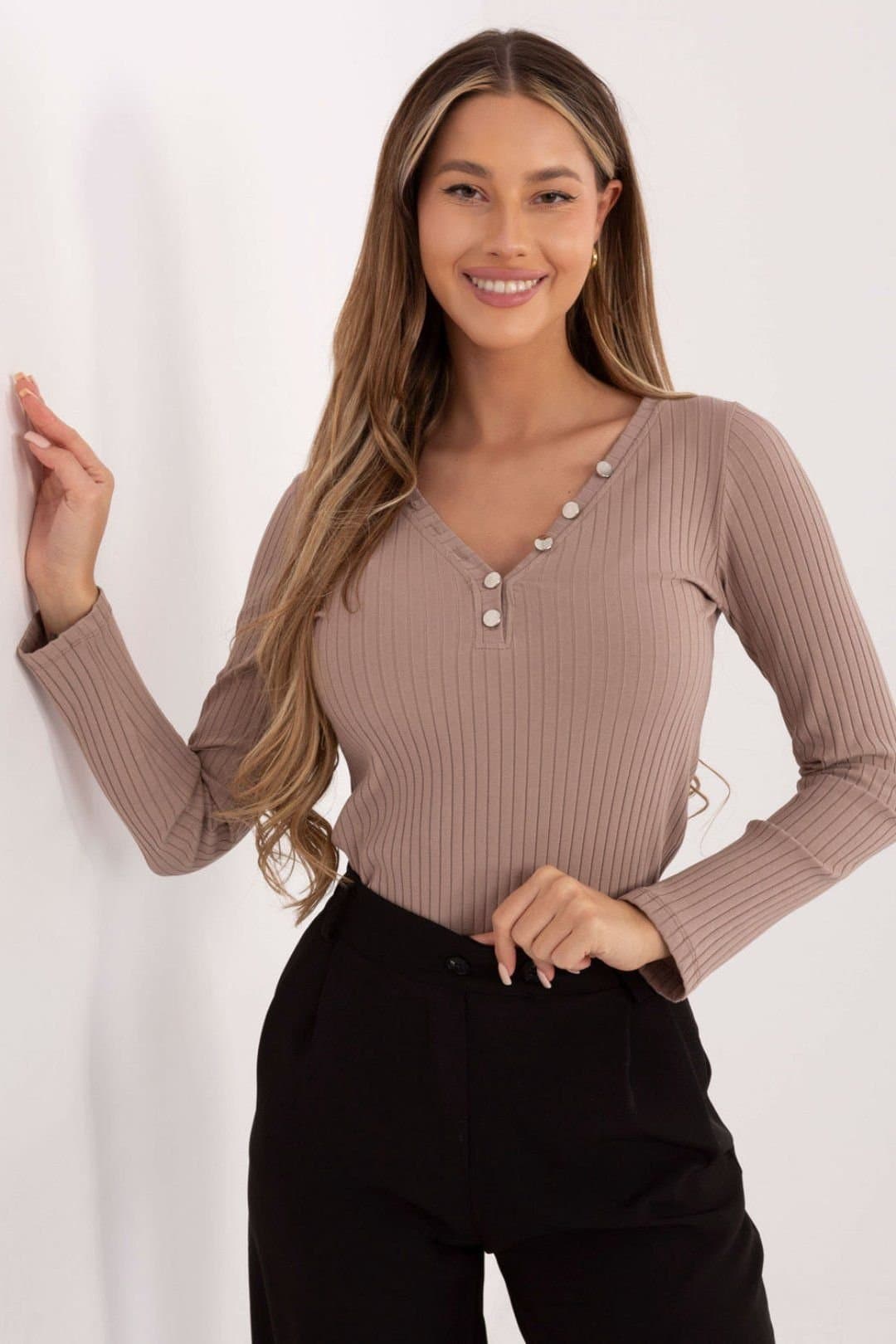 Love Lace Love Lace Women's Cotton Elastane Striped V Neck Blouse in Beige