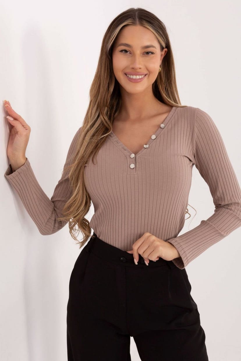 Love Lace Love Lace Women's Cotton Elastane Striped V Neck Blouse in Beige - 1