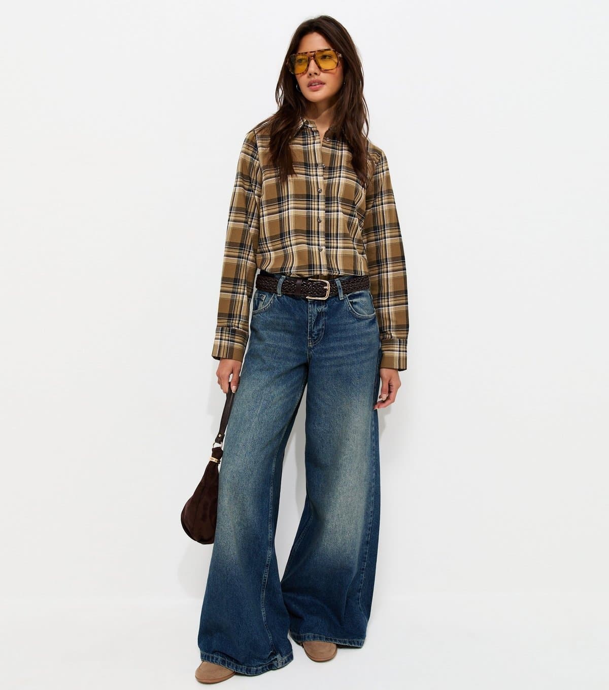 New Look Women's Brown Cotton Check Long Sleeve Shirt New Look