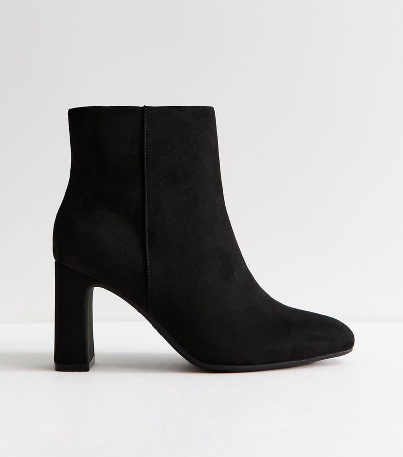 New Look Women's Wide Fit Black Faux Suede High Block Heel Ankle Boots Vegan New Look - 1