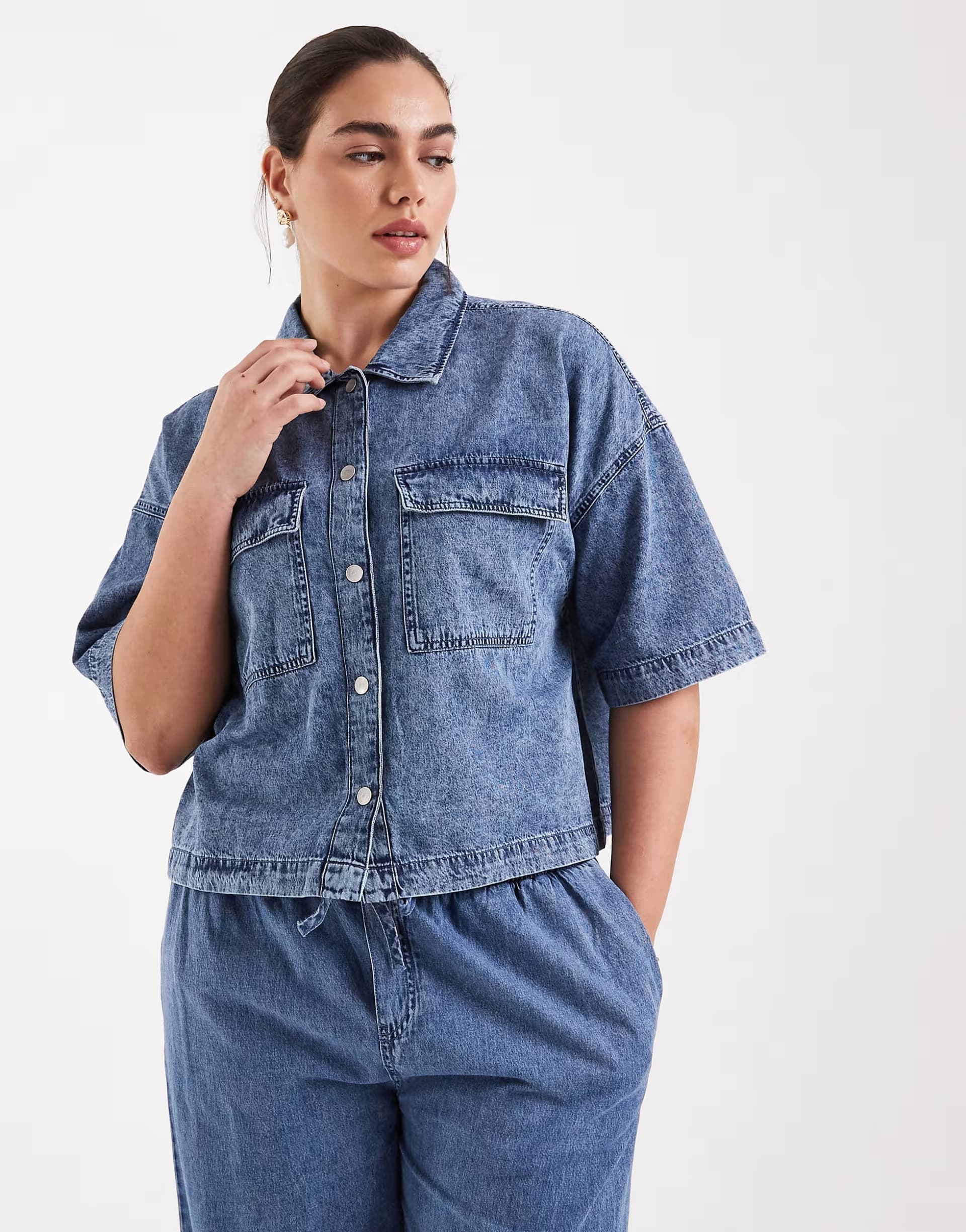 ASOS Noisy May Curve short sleeve cropped shirt co-ord in mid blue denim