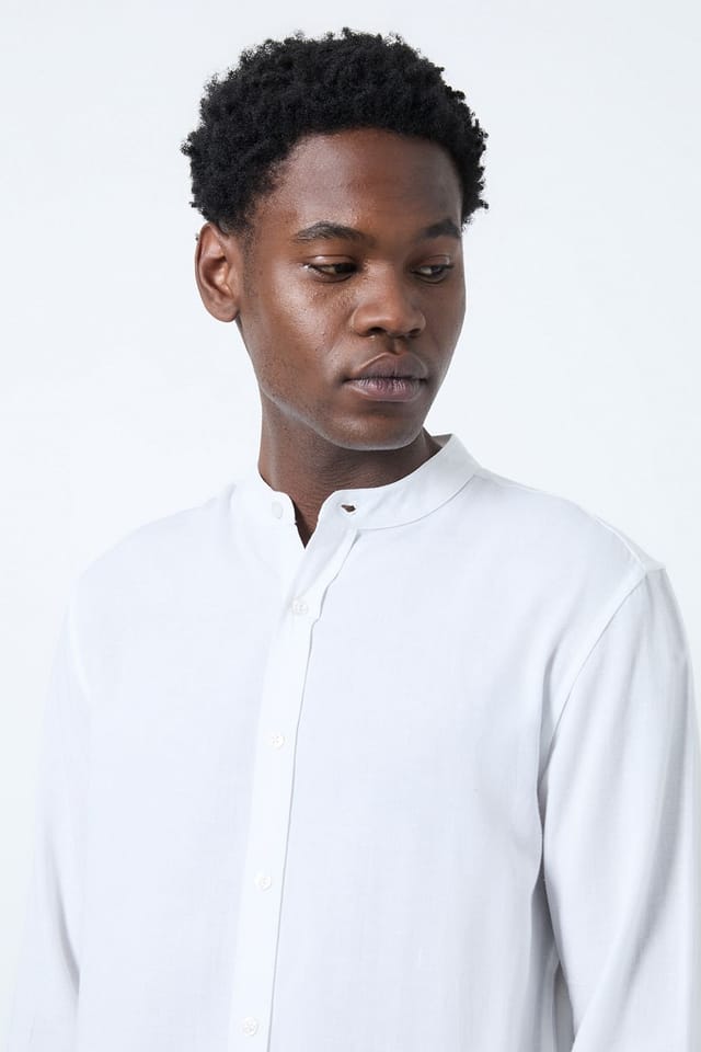 Burton Burton Men's White Linen Blend Grandad Collar Shirt - 2
