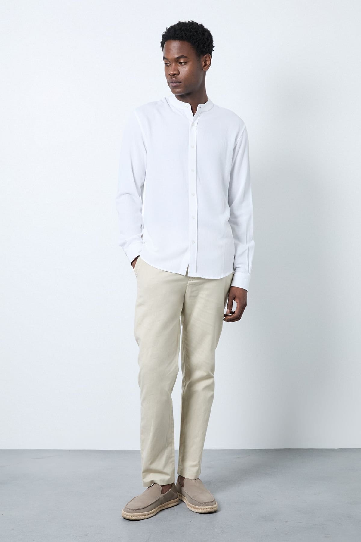 Burton Burton Men's White Linen Blend Grandad Collar Shirt - 4
