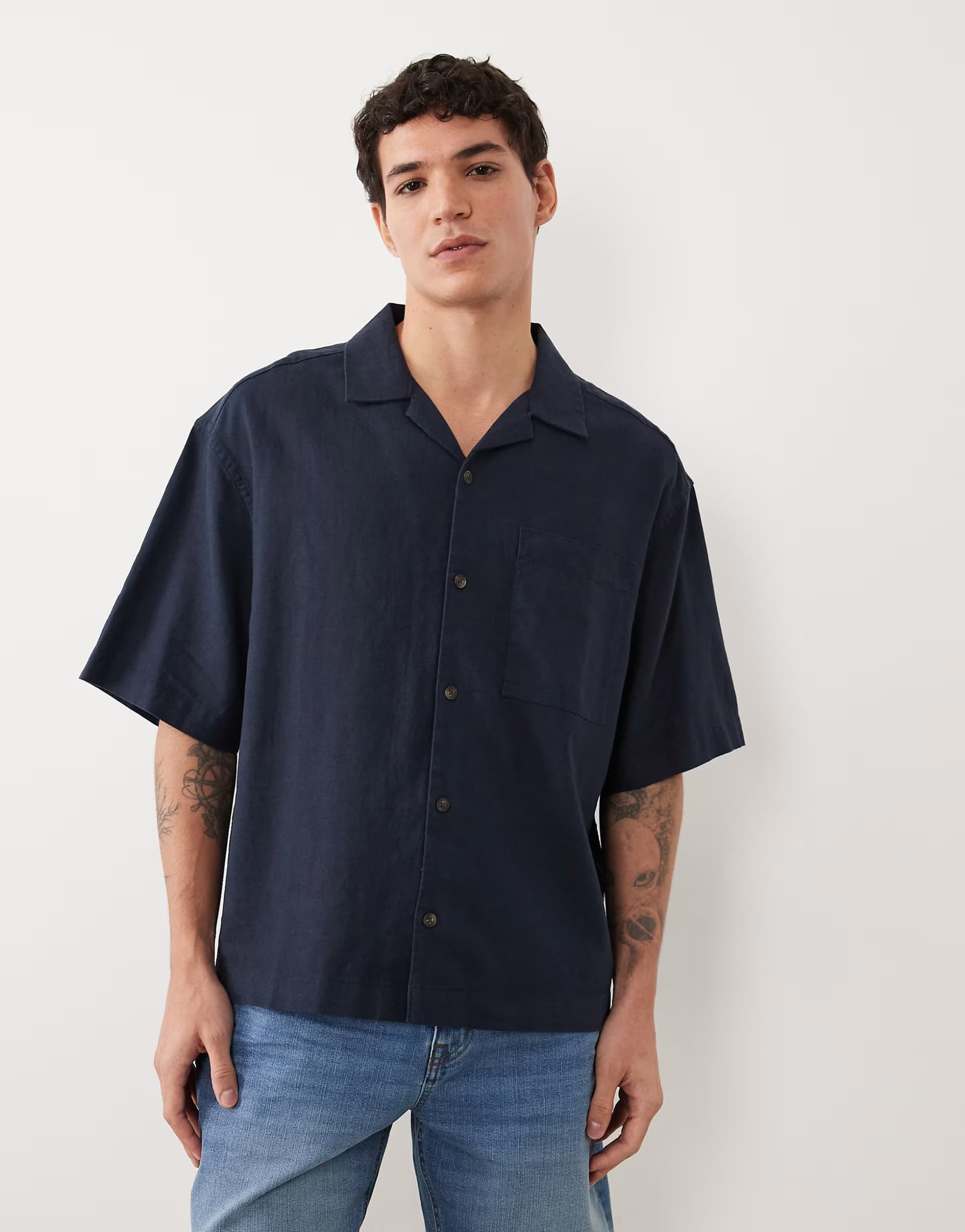 ASOS ASOS Navy Linen Blend Boxy Oversized Shirt