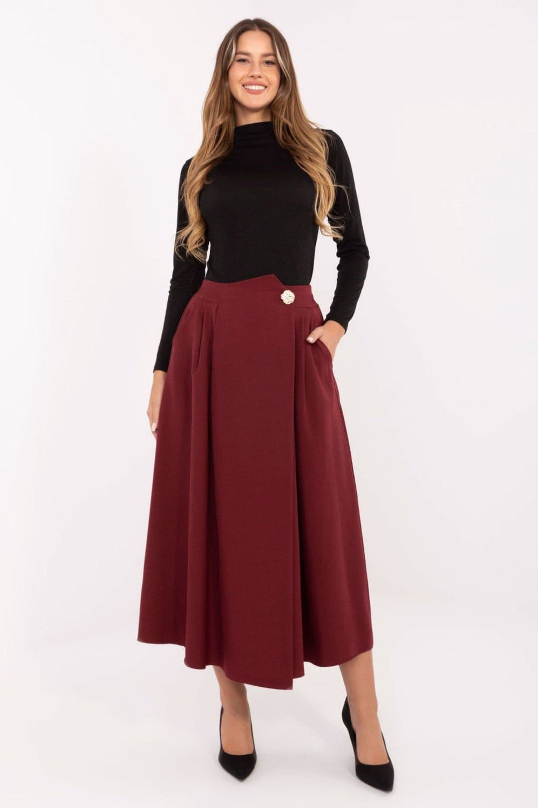Love Lace Love Lace Women's Pleated Front Midi Skirt with Elastic Back in Red