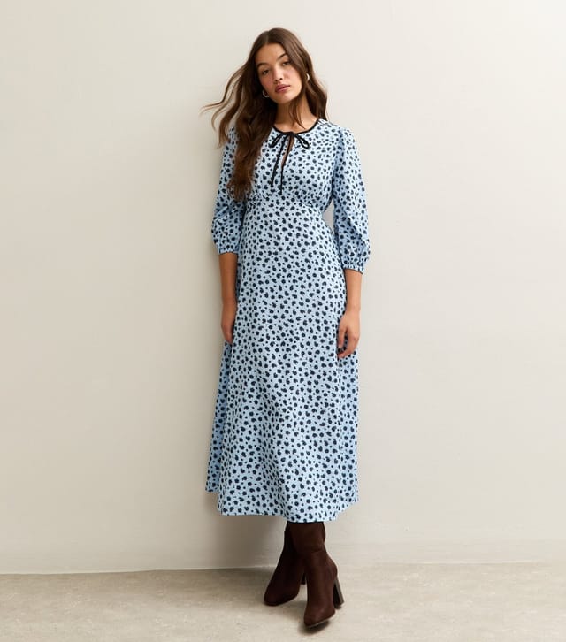 New Look Women's Light Blue Ditsy Floral Print Tie Neck Midi Dress New Look - 3