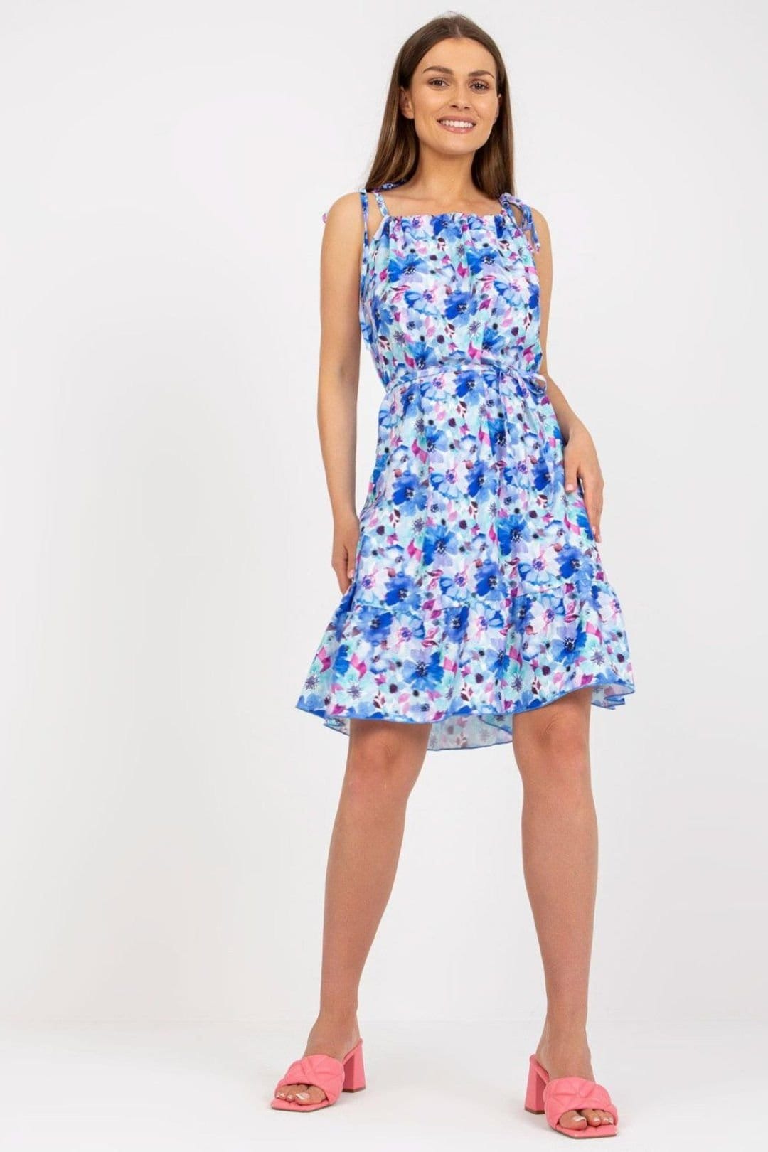 Love Lace Blue Floral Summer Dress with Tied Waist