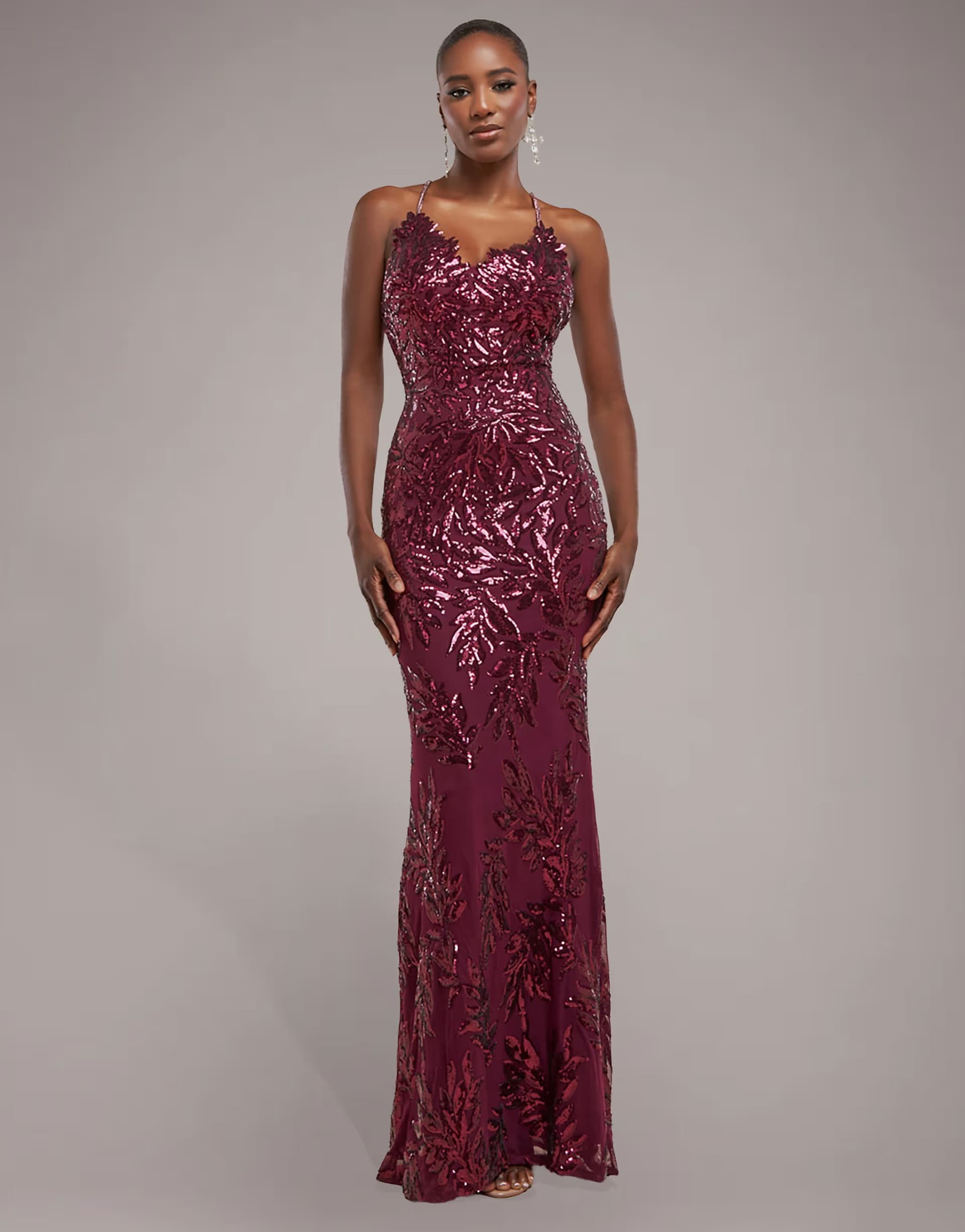 ASOS Goddiva Cross back diamante strap sequin maxi in burgundy