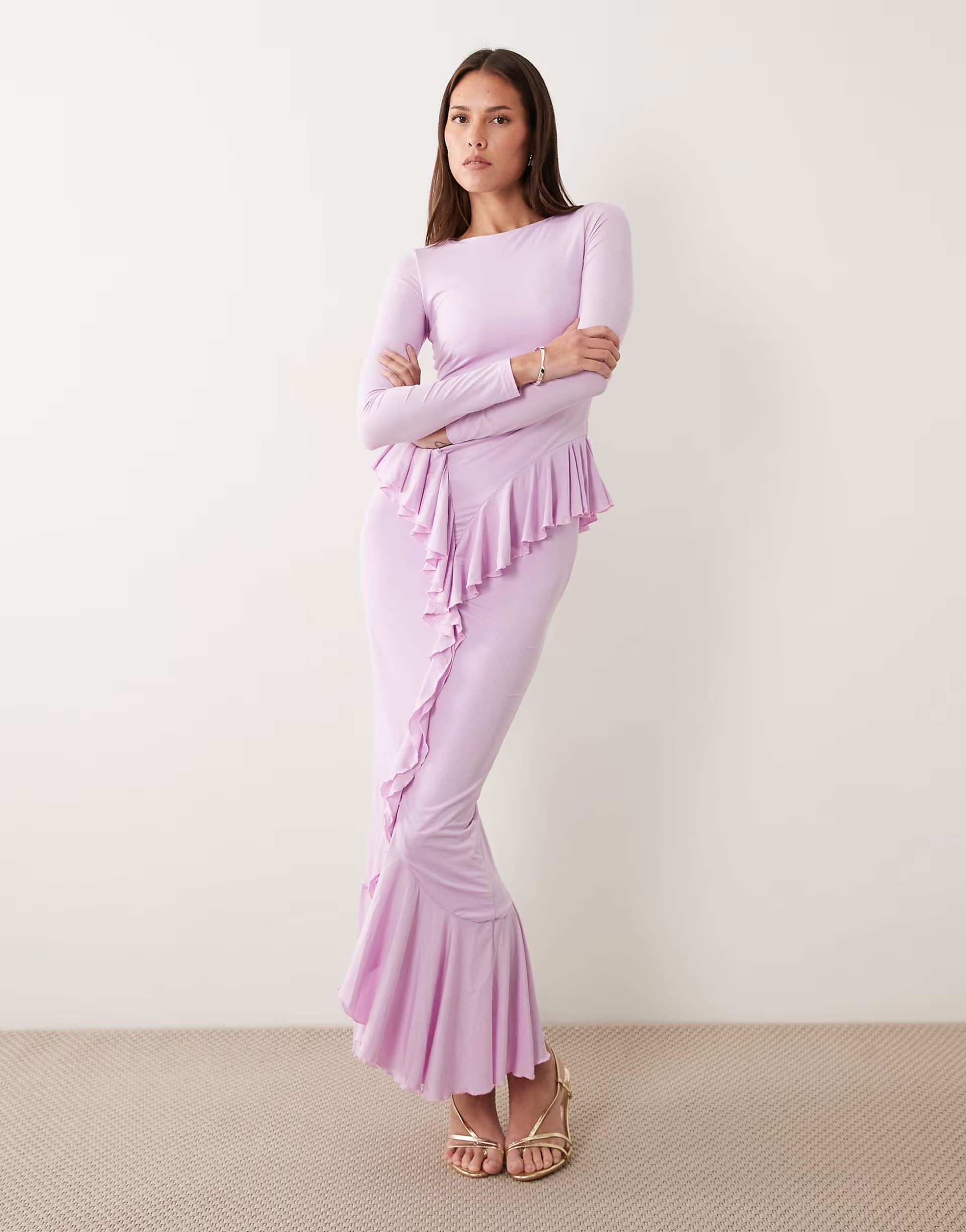 ASOS Ruched & Ready sculpting long sleeve ruffle drape detail maxi dress in lilac