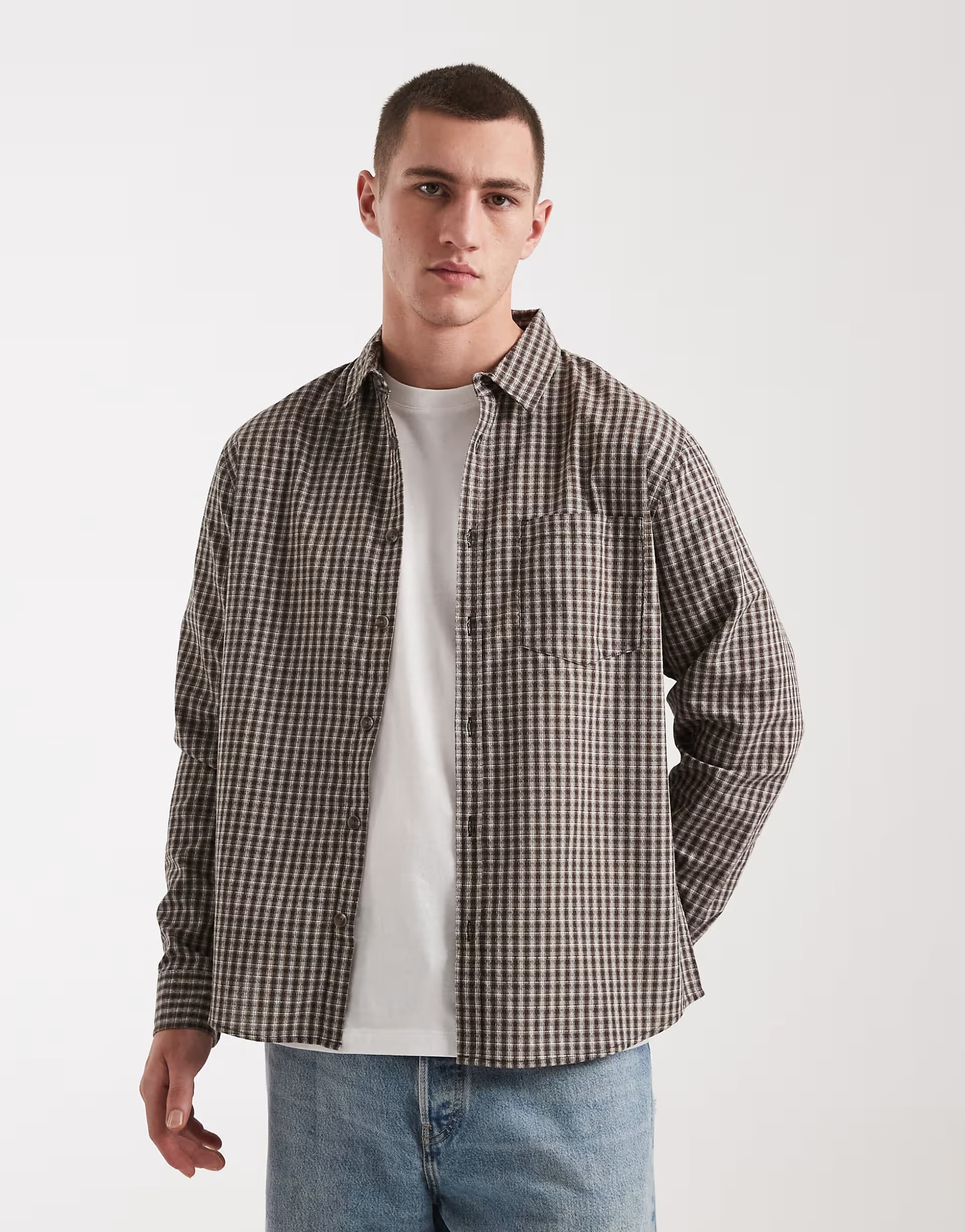 ASOS Cotton On long sleeve shirt in brown white check