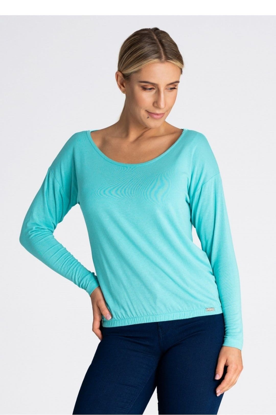 Love Lace Aqua Fine Fabric Loose Fit Long Sleeve Blouse