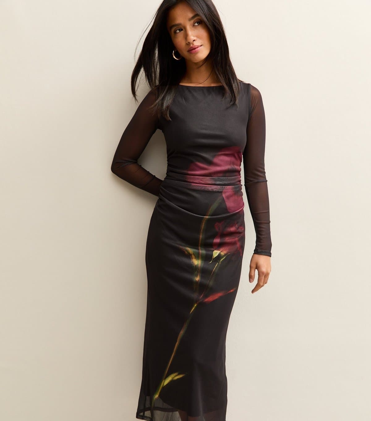 New Look Women's Petite Black Flower Ruched Mesh Midi Dress New Look