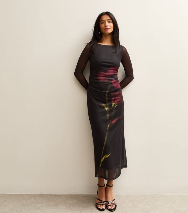 New Look Women's Petite Black Flower Ruched Mesh Midi Dress New Look - 3