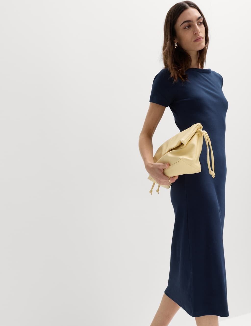 Marks & Spencer M&S Cotton Rich Ribbed Midi Column Dress Navy