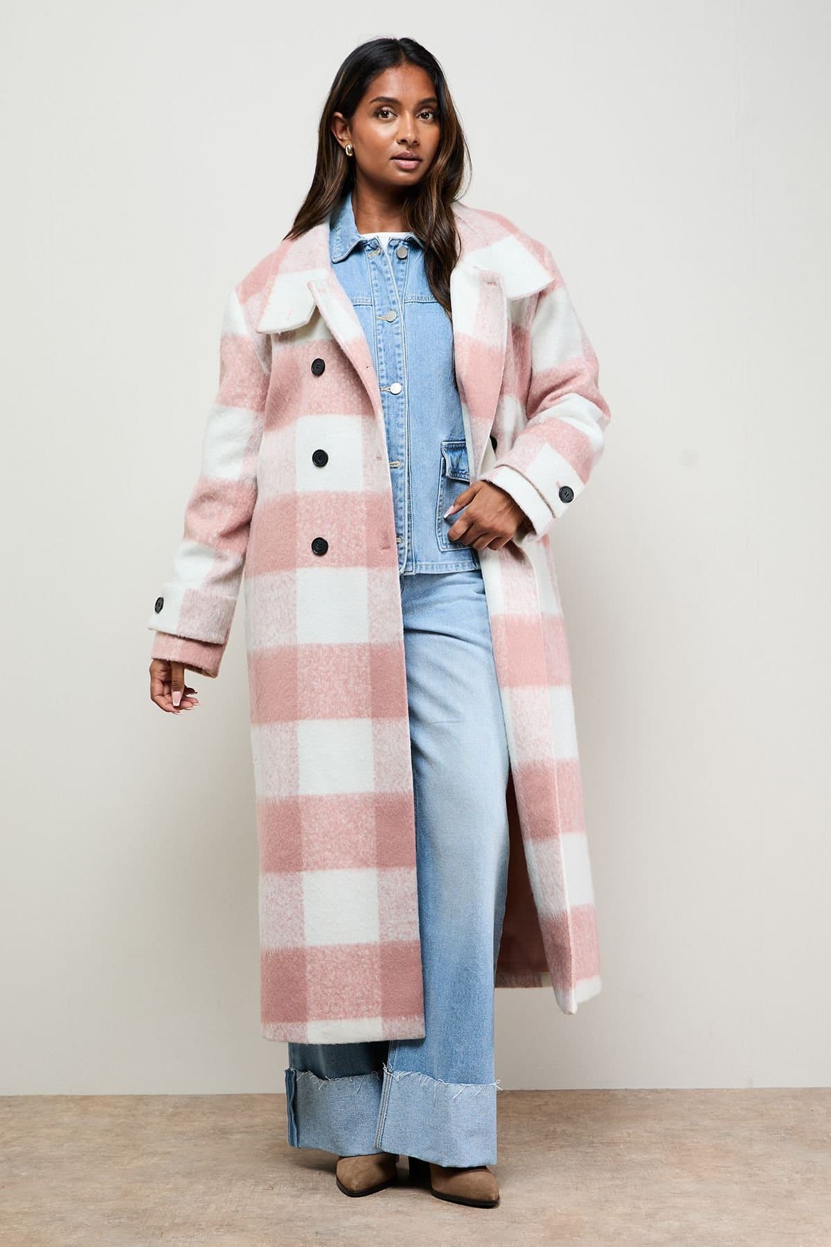 Oasis Oasis Women's Brushed Check Funnel Neck Coat in Pink