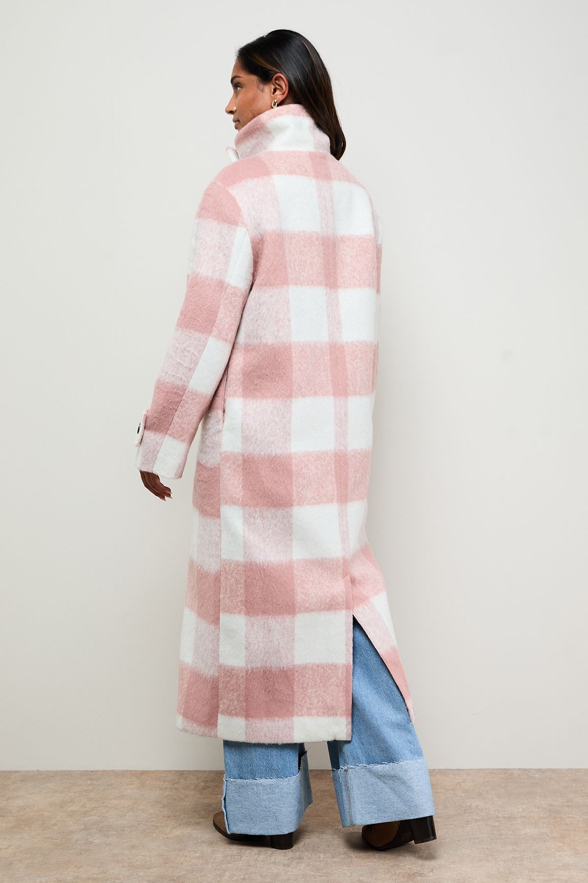 Oasis Oasis Women's Brushed Check Funnel Neck Coat in Pink - 3