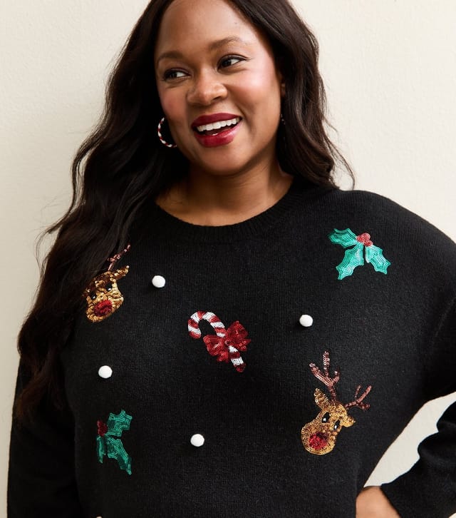 New Look Women's Plus Size Black Christmas Reindeer Sequin Jumper Curves New Look - 2